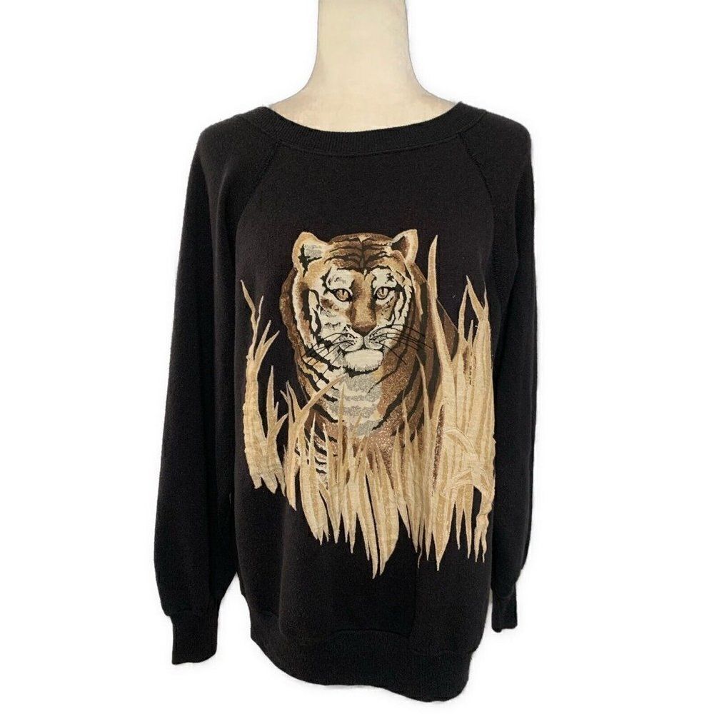 Pannill Womens Vintage Tiger Print Black Brown Long Sleeve Sweatshirt Sweater L
